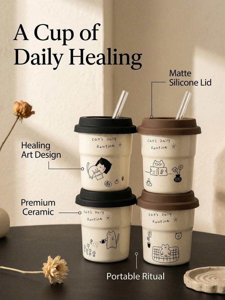 1 件卡通猫陶瓷咖啡杯，带硅胶盖的办公室拿铁杯，防漏，适合办公室和家庭使用，可微波炉加热，是返校最佳生日礼物
