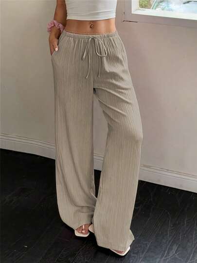 Women's Casual Solid Color Wide Leg Pants, Textured Fabric Outdoor Long Pants, Drawstring Waist Women's Fashionable Outdoor Suitable For Sports And Cycling