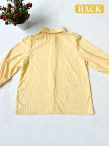Women's Striped Shirt Collar Shirt With Button Front & Lantern 3/4 Sleeves – Business Casual Top For Office, Home, Holiday, Spring Summer Fall Yellow - Yellow - View 3
