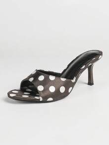 Tacones altos de unicolor elegantes, tela elegante con volantes para fiesta y exterior - Café/Manchas blancas - Ver 7