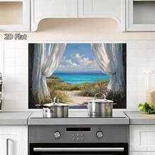 1pc PVC Seascape Wall Sticker - Glossy Coastal Landscape Window Film, Suitable For Modern Kitchen, Easy Peel And Stick Design, Durable Removable Seascape Window Decor, 2D Flat Design - Style 1 - View 4