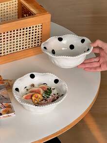 1pc Asymmetrical Hand-Pinched Polka Dot Ceramic Bowl, Large Capacity Double-Ear Bowl, Polka Dot Spoon, Breakfast Yogurt Bowl, Rice Bowl, Double-Ear Soup Basin, Single-Serve Ceramic Tableware, Suitable For Home, Restaurant, Dessert Shop, Office, Gift - Multicolor - View 6