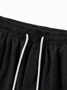 男士复古美式灯芯绒抽绳短裤，男士宽松贴花及膝短裤，休闲街头风及膝短裤 - 黑色 - 查看 8