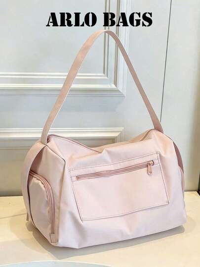 Bolsa de viaje de nailon rosa claro con estilo, de gran capacidad, diseño de unicolor simple, ligera y duradera. Una bolsa multifuncional para uso diario y de viaje, adecuada para ir al trabajo, compras, viajes, gimnasio, escuela y talla grande.