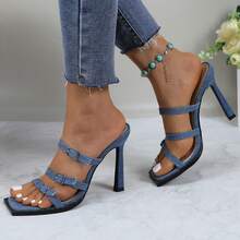 Women's Denim Slip-On Sandals With Buckle Strap - Denim - View 14