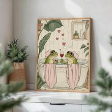1pc Vintage Cute Frog Couple Pattern Canvas Wall Art, Aesthetic Cartoon Rectangular Poster Heart-Shaped Bathtub Design, Suitable For Bedroom Bathroom Decor Gift, Unframed - Retro - View 2