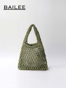 一套涤纶线钩网眼底多色纯色针织手提包菱格纹轻便便携大容量可爱时尚绗缝包沙滩包，适合女性、新人及白领，可作为教师节礼物/送给女孩、少女的礼物，也适合商务/通勤/工作/办公室、节日/假期/户外/郊游/旅行/徒步/体育场/运动/登山等场合，适合夏季、秋季和冬季，是秋季必备单品。 - 橄欖綠 - 查看 7