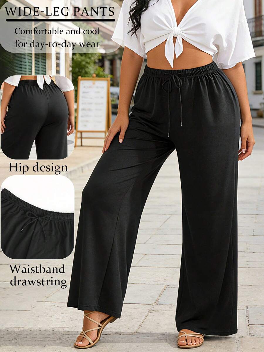 Women's Solid Color Drawstring Waist Loose Casual Wide Leg Pants, Loose Vacation Beach Style Vacation Pants, Elegant Bohemian Style Airport Casual Pants - Black - View 1