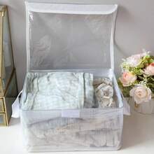 1 pieza Caja de almacenamiento plegable con tapa, caja de almacenamiento transparente multifuncional de gran capacidad, caja de almacenamiento con asa, a prueba de polvo y humedad con cubierta, ahorro de espacio, fácil de organizar y almacenar, caja de almacenamiento multifuncional, organizador de almacenamiento transparente, caja de almacenamiento reforzada, adecuada para el hogar, dormitorio, armario y otras ocasiones, decoración del hogar, decoración de la habitación - transparente - Ver 9
