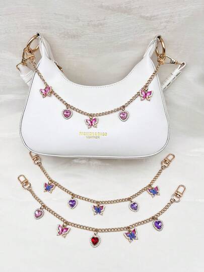 1条精致彩色蝴蝶爱心挂链，饰以粉色和紫色水钻，夹扣式设计，甜美少女风包包挂饰，钥匙扣，Y2K蝴蝶爱心单肩包配饰，合金材质镶嵌水钻，便携式少女包包链，弹簧扣固定，适用于手提包、钥匙扣、学生、节日、家居、汽车装饰、送礼佳品