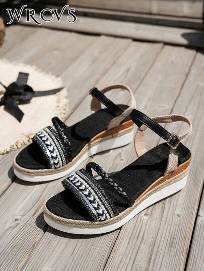 WRCVS 黑色绳编坡跟凉鞋，厚底波西米亚风增高鞋，随机花卉图案，夏季