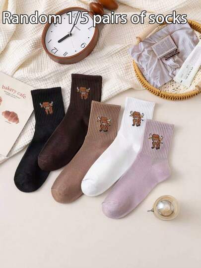 1/5 Pairs Women Cute Highland Cow Embroidered Crew Socks, Soft Breathable Comfortable Casual Socks
