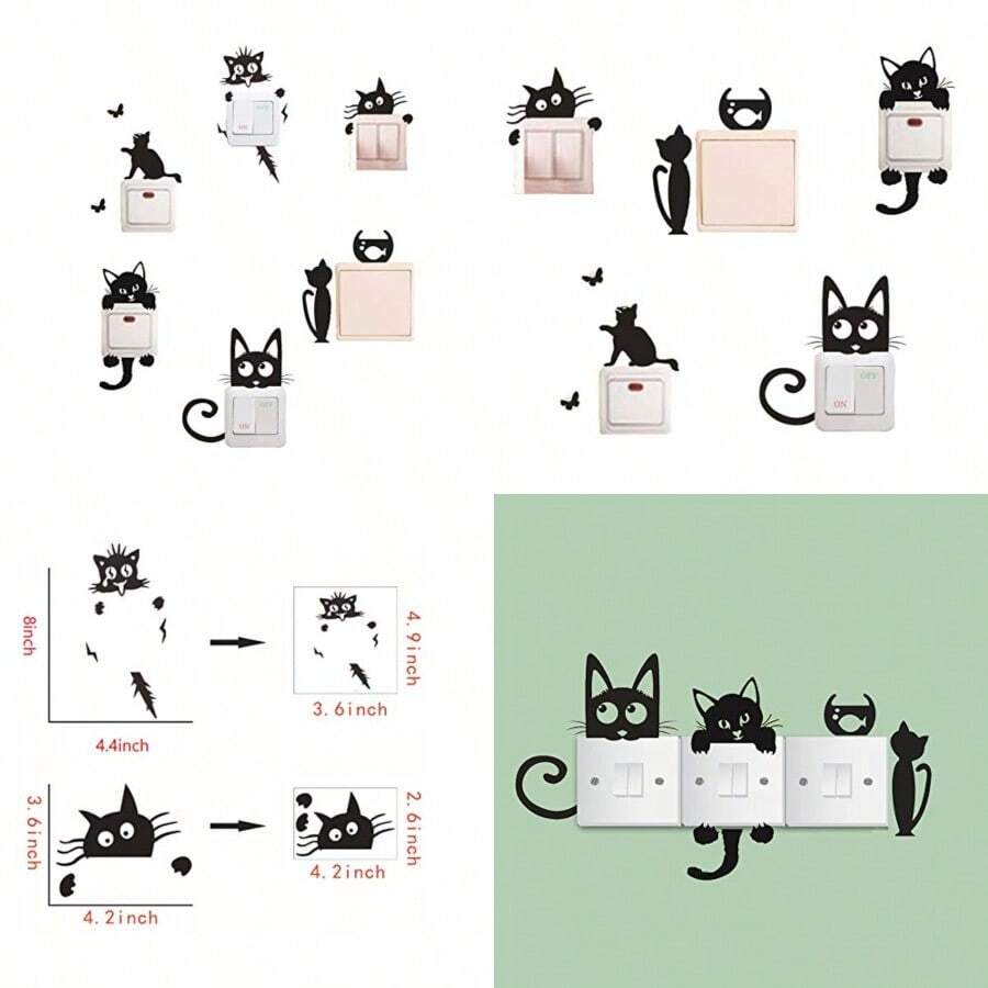 Removable Switch Sticker 6 Pcs Cute Black Cats Cartoon Wall Sticker Light Switch Decor Decals Family DIY Decor Art Stickers Home Decor Wall Art For Living Room Office Home Decoration - Negro 2 - Ver 1