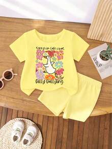 Young Girl Summer Casual Vacation & Commute Cute Cartoon Duck & Floral Graphic Short Sleeve T-Shirt And Shorts Set - Yellow - View 3
