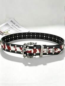 1条西部牛仔风格奶牛纹铆钉腰带，做旧雕刻扣男士PU皮革腰带 - 彩色 - 查看 9