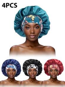 4pcs Women's Silk Sleep Cap, Elastic Wide-Banded Printed Soft Silk Sleep Hat Suitable For Curly Hair (Random Printed Pattern) - Multicolor 4pcs - View 3