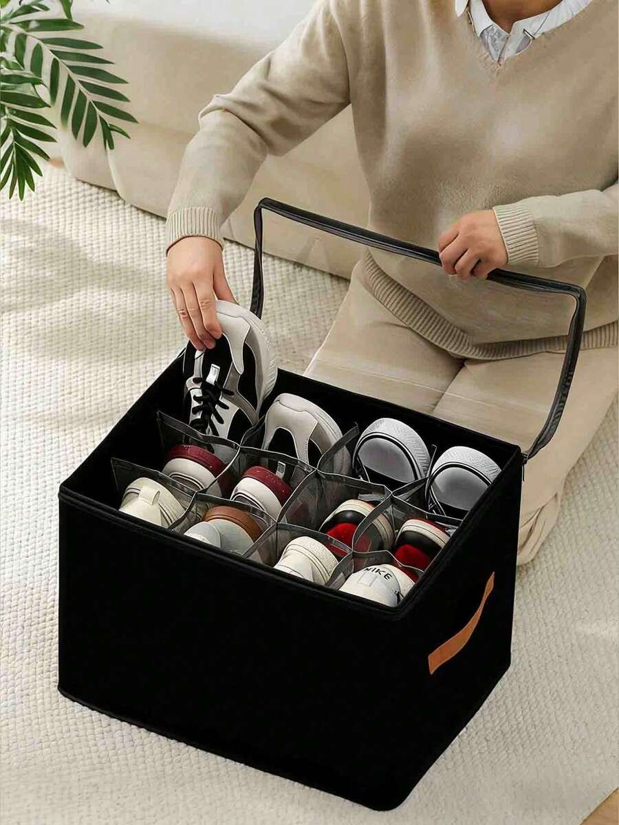 Kotak Sepatu Kain Lipat, Muat 12 atau 16 Pasang Sepatu, Kotak Sepatu Kain Kapasitas Besar dengan Tutup, Kotak Penyimpanan Sepatu dengan Sekat yang Dapat Diatur untuk Lemari, Kotak Sepatu Multifungsi Transparan, Tahan Debu, Tahan Lembap, dan Dapat Dicuci untuk Rumah, Sekolah, dan Asrama - View 1
