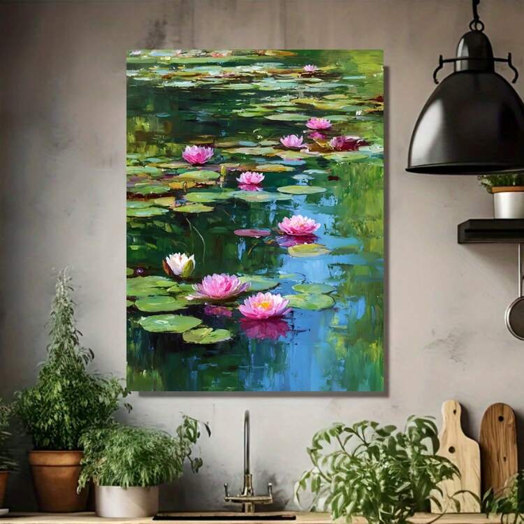 Cuadro 2D plano, 2D plano, 2D plano A Flat en lienzo con una pintura al óleo sin marco de lirios acuáticos con flores rosas en un estanque, ideal para decoración de habitaciones, incluyendo decoración de baños y detalles para el hogar - Enmarcado - Añade 4