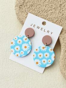 1 Đôi bông tai nữ mùa xuân/hè in họa tiết hoa cúc trắng, họa tiết gốm sứ màu xanh nhạt ngẫu nhiên, hình tròn dễ thương, thanh lịch làm từ acrylic. - Nhiều màu - Xem 6