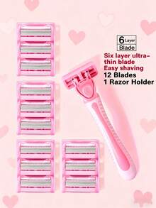 Women's 6-Layer Razor Blades 6/12/18/24pcs Safety Hair Removal Razor, Suitable For Private Areas, Underarm Hair, Leg Hair, Shaving Tool, Body Grooming Razor, Men's Shaving Razor, Beard Razor, Daily Facial Care, Premium Travel Choice - 1 Knife Holder + 6 Blades - View 12
