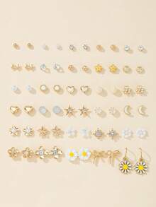 30 Pairs Cute & Fashionable Women Earrings Set, Minimalist Star & Heart Shaped Combination Earrings Jewelry, Suitable For Daily Wear And Gift - Multicolor - View 7