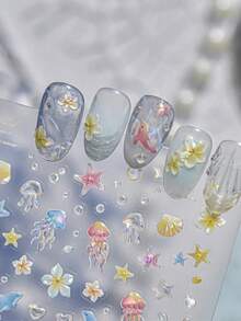 Dreamy Jellyfish Cute Dolphin Seaside Scallop Starfish Frangipani Transparent Bubble Summer Adhesive Nail Tip Art Sticker Decals - Multicolor - View 2