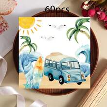 Watercolor Summer Beach Disposable Dinner Paper Napkins, 20pcs/40pcs/60pcs,2-Ply Camper Van Surfboard Print Luncheon Napkins, Tropical Hawaiian Luau Party Tableware Supplies For Beach Birthday Party Decorations Surf Party Supplies 6.5x6.5 Inches - View 9