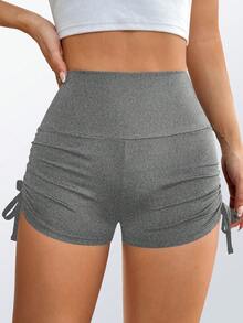 1pc Double-Sided Adjustable Drawstring Yoga Shorts, Heather Gray High Elasticity Tummy Control Butt Lift, All-Season Daily Home Wear Anti-Exposure Innerwear Can Be Worn As Outerwear Tight Fitting Safety Pants - Grey - View 4