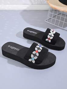 1 Pair Fabric Breathable Platform Slippers, Fashionable Comfortable Versatile Suitable For Teenage Girls In Summer - Black - View 7