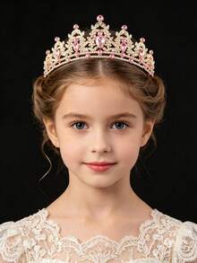 1pc Water Drop Glass Rhinestone Crown Bridal Headpiece, Holiday & Graduation Gift Accessory For Women - Pink - View 1