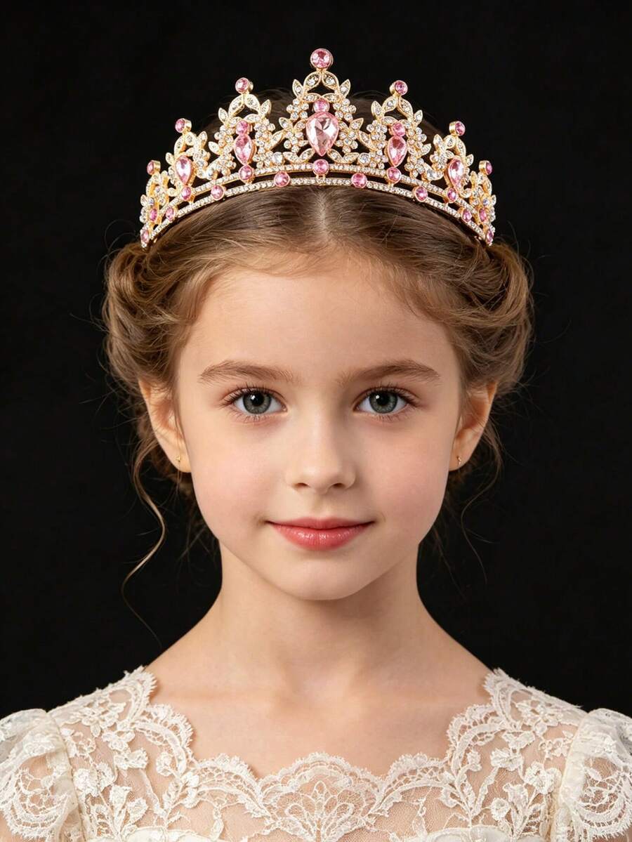 1pc Water Drop Glass Rhinestone Crown Bridal Headpiece, Holiday & Graduation Gift Accessory For Women - Pink - View 1