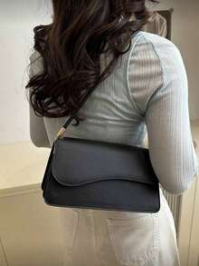 Túi đeo vai thời trang màu trơn, kiểu dáng bất đối xứng, cổ điển, đơn giản, thanh lịch, phong cách Old Money, túi vintage. - màu đen - Xem 3