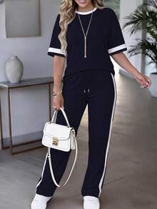 Conjunto de 2 piezas para mujer de primavera/verano, top de manga corta de cuello redondo y contraste de color casual y versátil, y pantalones rectos de cintura alta con cordón, elegante - Borgoña + Gris - Ver 10