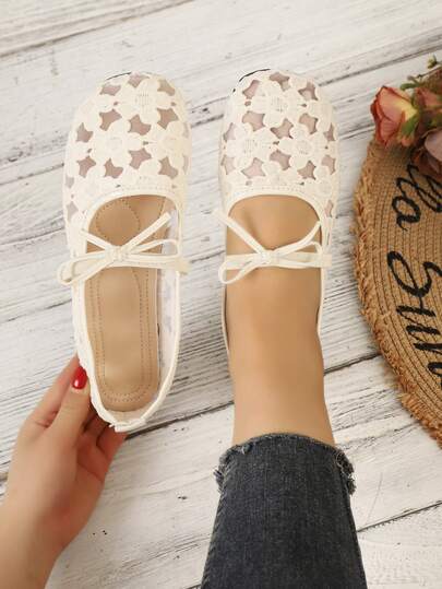 Giày bệt nữ mũi tròn lưới kiểu Mary Jane, giày bệt ren hoa, màu trơn thanh lịch, phong cách boho, thích hợp cho kỳ nghỉ hè, tiệc tùng.