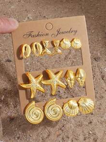 1/7 Pairs Gold-Plated Starfish, Shell, Seashell, Fish Tail Shaped Earrings Set, Beach Accessories, Women Summer Jewelry - Yellow Gold - View 1