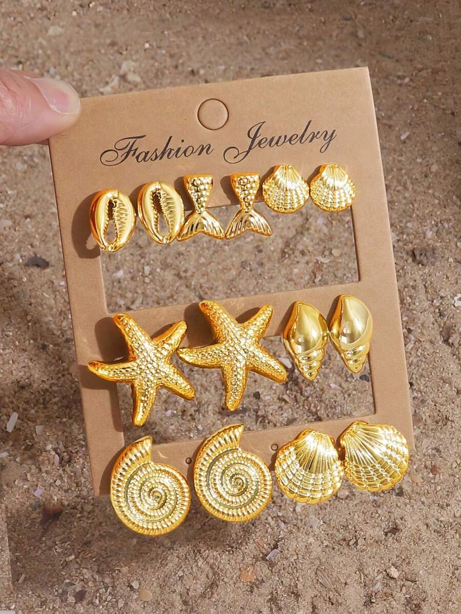 1/7 Pairs Gold-Plated Starfish, Shell, Seashell, Fish Tail Shaped Earrings Set, Beach Accessories, Women Summer Jewelry - Yellow Gold - View 1