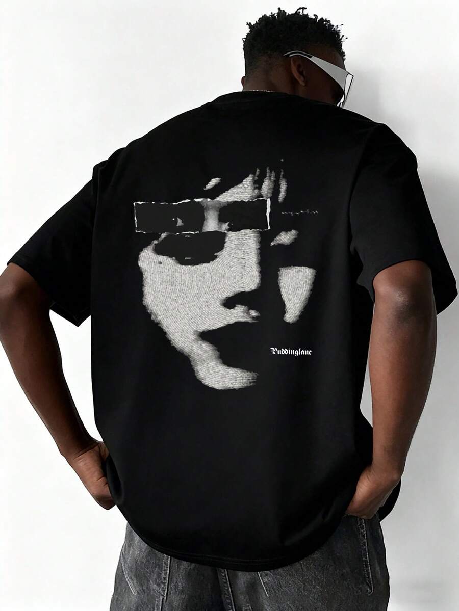 Camvyn Men's Casual Fashionable Street Printed Drop Shoulder Loose Breathable Short Sleeve T-Shirt, Summer - Black - View 1