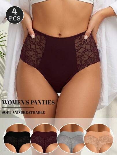 MEIYATING 4pcs Women Low Waist Panties, Lace Patchwork Sheer Breathable Floral Trim Sexy Briefs For Daily Wear