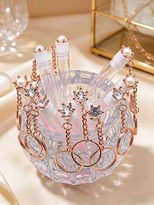 Bộ cọ trang điểm du lịch cầm tay 1/2/3/5 món gồm cọ trang điểm hình ống đính kim cương hồng và ngọc trai, cọ kẻ lông mày, dụng cụ nối mi. - Hồng - Xem 4