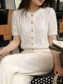 Cárdigan de punto de mohair para mujer, de manga corta, abotonado sencillo, calado francés, de unicolor, suelto, suave y transparente, versátil, blanco, para verano - Blanco - Ver 5