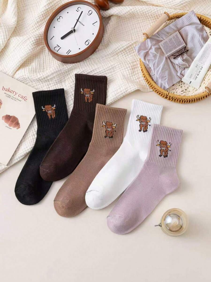 5 đôi tất dài đến bắp chân, ngẫu nhiên, in hình những chú bò hoạt hình dễ thương, kiểu dáng thường ngày dành cho nữ, thích hợp cho mùa xuân/hè. - Nhiều màu - Xem 1