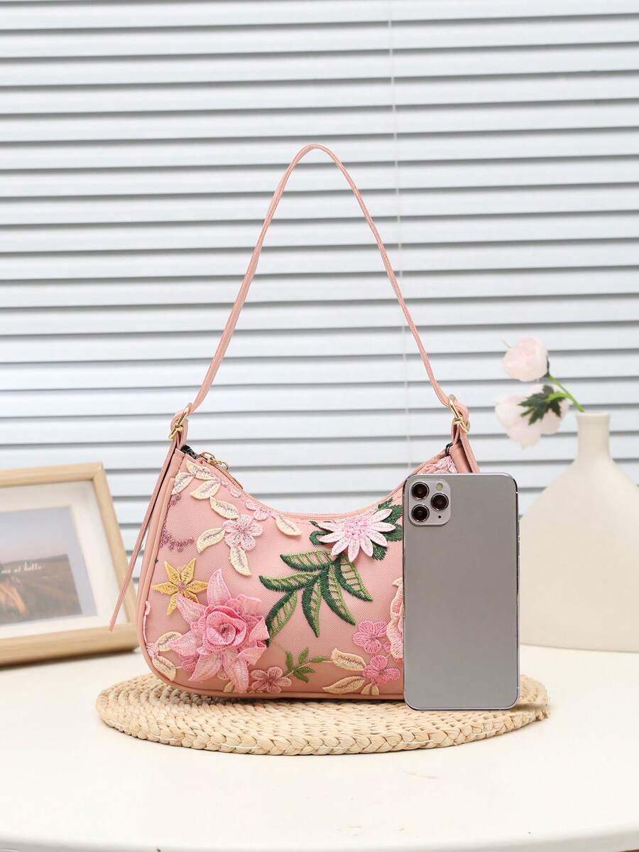 1 chiếc túi đeo vai màu hồng đính sequin thêu hoa thanh lịch, kiểu dáng thường ngày, thích hợp cho phụ nữ và bé gái, có khóa kéo, nhẹ, dùng hàng ngày. - Màu Hồng  Dưa hấu - Xem 1
