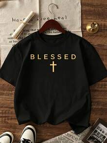 Plus Size Men's Casual Versatile Simple English Slogan Print Short Sleeve T-Shirt - Black - View 2