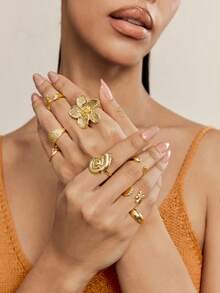Altistry 8pcs/Set Vintage Smooth Plain Rings, Bohemian Starfish Personalized Rings, Fashion Rings - Gold - View 5