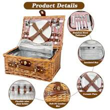 Juego de cesta de picnic para 2: cesta de picnic de mimbre con manta impermeable y forro aislado cesta grande hecha a mano con kit de cubiertos para exteriores picnic camping fiesta día festivo - Rojo - Ver 5