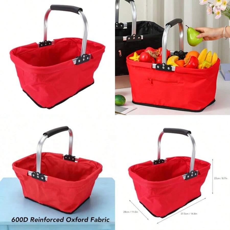 Cesta de Picnic Cesta de Tela Oxford Plegable de Gran Capacidad de 24 litros con Marco de Aluminio para Picnic Al Aire Camping Compras en la Playa Rojo - Rojo - Ver 1