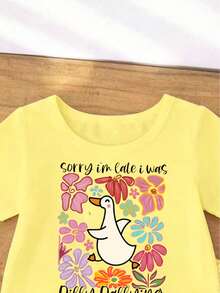 Young Girl Summer Casual Vacation & Commute Cute Cartoon Duck & Floral Graphic Short Sleeve T-Shirt And Shorts Set - Yellow - View 4