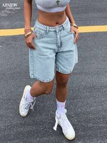 Women's Solid Color Casual Bermuda Denim Shorts, Summer - 淺色水洗 2 - 查看 13