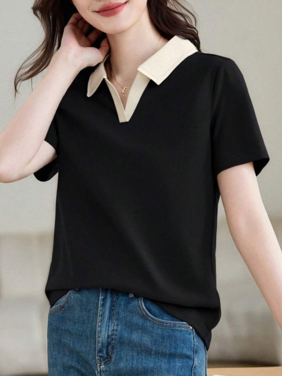 Damen Lässig Polokragen Langarm T-Shirt, 2026 Neue Sommer Mode Top Schwarz - Schwarz - Übersicht 1