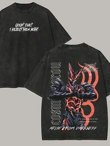 100% Cotton Ombre, Vintage Y2K Style, Black Washed With Print - Short Sleeve, Cosmic Demon Rise, Suitable For All Seasons, Machine Washable, Urban And Versatile Style, Cosplay. - Black - View 2